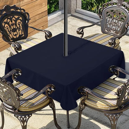 LUSHVIDA Square Outdoor Tablecloth with Umbrella Hole and Zipper, 54x54 Inch Navy, Washable Waterproof Table Cloth Spill Proof Wrinkle Free Table Cover for Patio Spring Summer Picnic BBQS