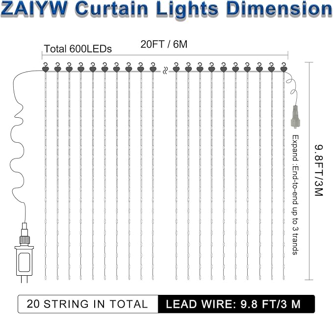 600 LED Curtain Lights 20Ftx10Ft Dual Color Changing Lights with Remote | Timer Connectable Christmas Lights Curtain Plug in Outdoor Waterproof for Bedroom Backdrop Decor, Cool White & Multicolor