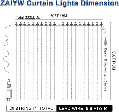 600 LED Curtain Lights 20Ftx10Ft Dual Color Changing Lights with Remote | Timer Connectable Christmas Lights Curtain Plug in Outdoor Waterproof for Bedroom Backdrop Decor, Cool White & Multicolor