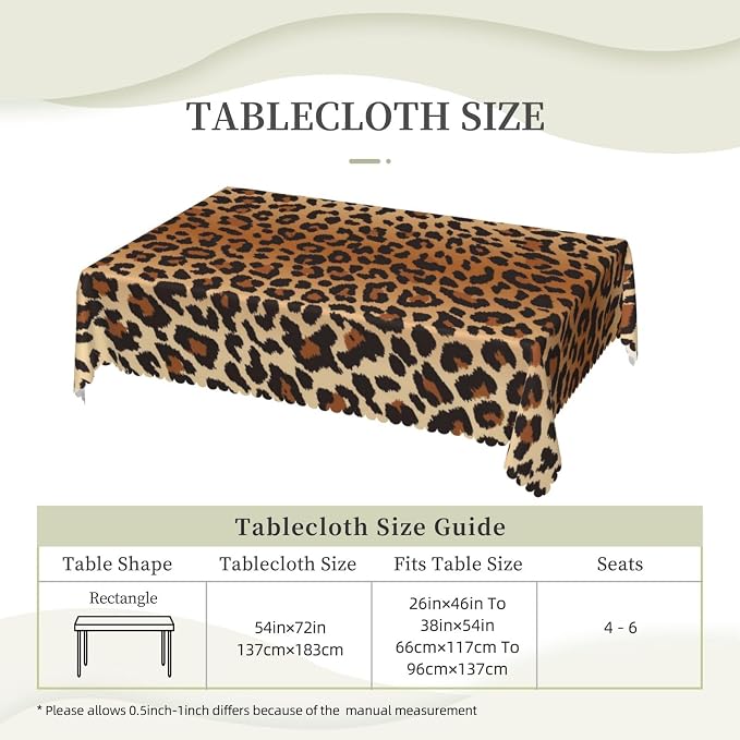 Leopard Pattern Rectangular Tablecloth, Brown Leopard Table Cloth Washable Tablecloths Decorative Table Cover for Kitchen, Dining, or Parties 54x72 Inches