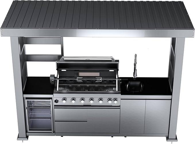 REDNGO 108-Inch 6-Burner 85000 BTU Stainless Steel Propane Gas Grill Outdoor Kitchen Island with Canopy,648Sq.In Cooking Area,Wine Cooler,Refrigerator,Rotisserie,for Backyard BBQ,Silver