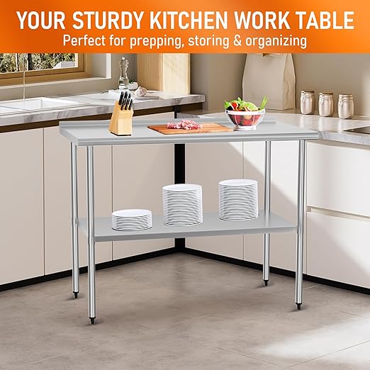 HOCCOT Stainless Steel Work Table 24" x 48" with Adjustable Undershelf and Backsplash, Commercial Workstations for Kitchen, Garage, Outdoor BBQ