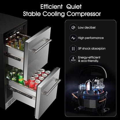 15 Inch Double Drawer Refrigerator,Under Counter Beverage Fridge for Indoor Outdoor Kitchen,3.39 Cu.Ft. Waterproof Silver&Black Stainless Steel Refrigerator