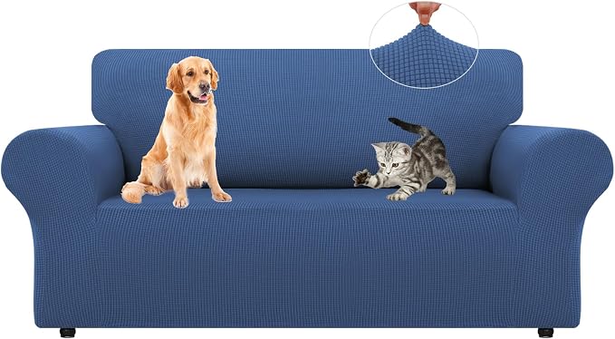 LURKA Stretch Loveseat Couch Cover, 1 Piece 2 Cushion Sofa Slipcover, Blue | Soft Stretch Jacquard, Fits 55"-78" Loveseats, Elastic Bottom for Secure Fit, Machine Washable, Pet & Kid Friendly