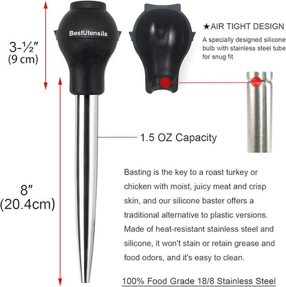 KAYCROWN Stainless Steel Turkey Baster Commercial Grade Quality Silicone Bulb Including 2 Marinade Injector Needles And Basting Brush
