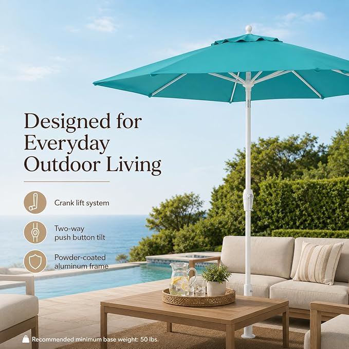 Treasure Garden 7.5ft Patio Umbrella – Outdoor Market Umbrella – Push Button Tilt – White Aluminum Frame (O’bravia, Aqua)