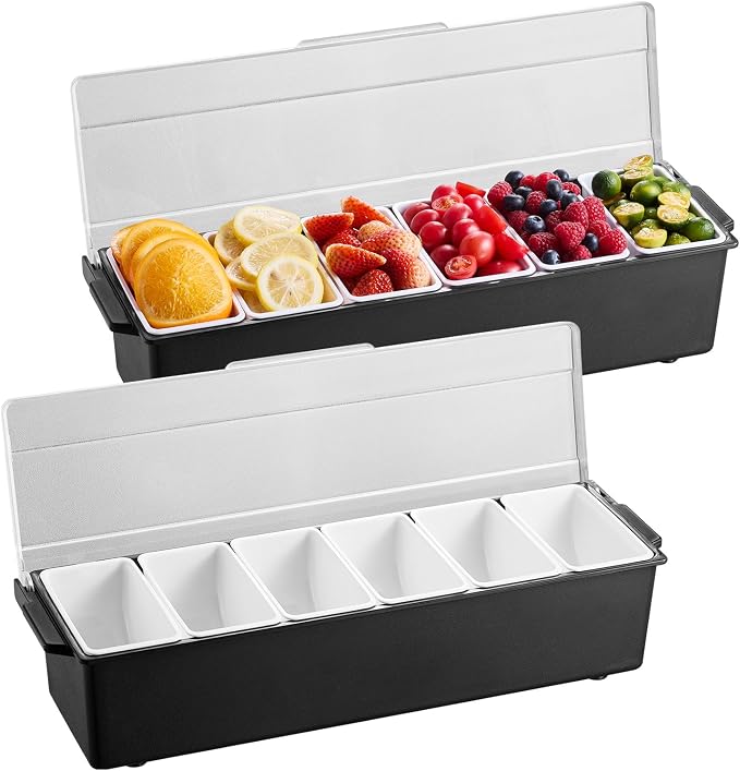 VEVOR Ice Cooled Condiment Serving Container, 6 Compartments Chilled Server, Fruit Veggie Condiment Caddy, Plastic Garnish Station Lid Dispenser Tray, for Bartending & Serving Taco Restaurant Supplies