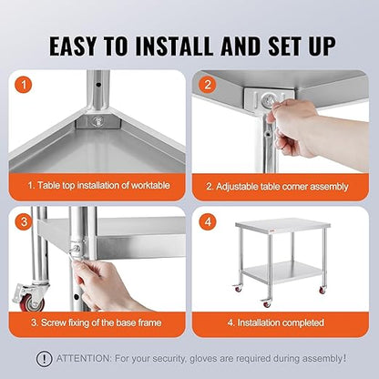 Vevor 30x36x34 Inch Stainless Steel Work Table 3-Stage Adjustable Shelf with 4 Wheels Heavy Duty Commercial Food Prep Worktable with Brake for Kitchen Prep Work