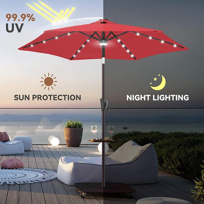 Solar Patio Umbrella with Centre Light, 7.5 ft Red | 24 LED Lights, UV Protection, Small Solar Outdoor Umbrella for Porch, Deck, Pool, Table, Garden, Provides Evening Lighting