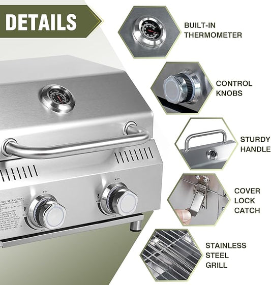 Bestfire Tabletop Gas Grill 2 Burners, 20,000 BTUs Stainless Steel Portable Propane Grill with Legs for Outdoor Patio Backyard Camping, Tailgating, and RV Trips