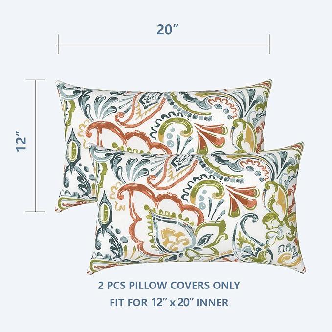 LVTXIII Outdoor Lumbar Pillow Covers, Patio Decorative Lumbar Pillow Cases ONLY, Fluffy Fade-Resistant Lumbar Cushion Cases for Home Balcony and Garden, 12x20 Inch, Pack of 2, Paisley Botanical