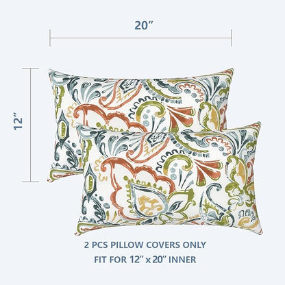LVTXIII Outdoor Lumbar Pillow Covers, Patio Decorative Lumbar Pillow Cases ONLY, Fluffy Fade-Resistant Lumbar Cushion Cases for Home Balcony and Garden, 12x20 Inch, Pack of 2, Paisley Botanical