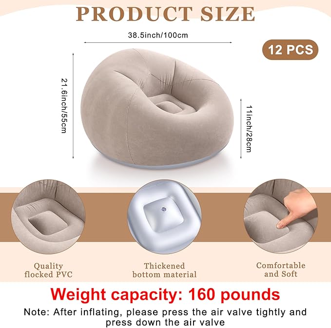 Realspring 6 9 12 Pcs Inflatable Bean Bag Chairs for Adults with Electric Air Pump, Blow up Couch Folding Portable Inflatable Couch Lazy Sofa for Outdoor Movie Night Camping(Coffee,12 Pcs)