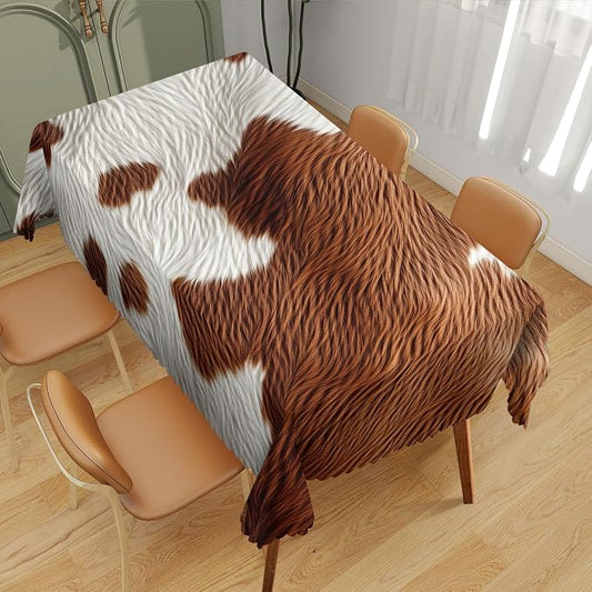 Cow Fur Texture Decorative Rectangle Tablecloth Cowhide Animal Brown Fur Pattern Rectangle Polyester Table Cloths Kitchen Table Cover for Dining BBQ Picnic Coffee Table 52 x 70 Inch 4-6 Seats