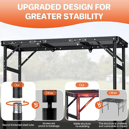 FUNYKICH 3ft Folding Grill Table for Outside 35.4''x15.7'', Max Height 29.4'' Portable Camping Tables, 3 Height Adjustable Lightweight Metal BBQ Table with Carry Handle for Camping, Picnic, BBQ, Black