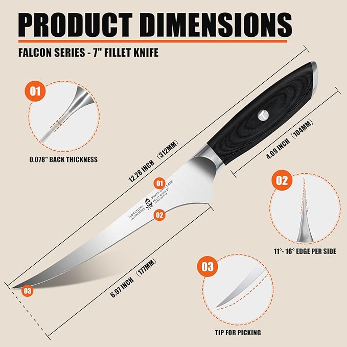 TUO Fillet Knife, 7 Inch Professional Fish Boning Knife for Trimming Meat & Poultry, Flexible Blade, High Carbon German Steel, Riveted Handle - Falcon Series