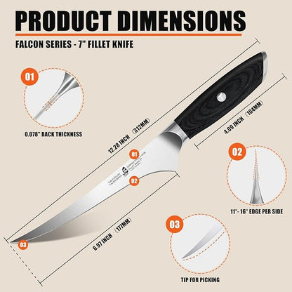 TUO Fillet Knife, 7 Inch Professional Fish Boning Knife for Trimming Meat & Poultry, Flexible Blade, High Carbon German Steel, Riveted Handle - Falcon Series