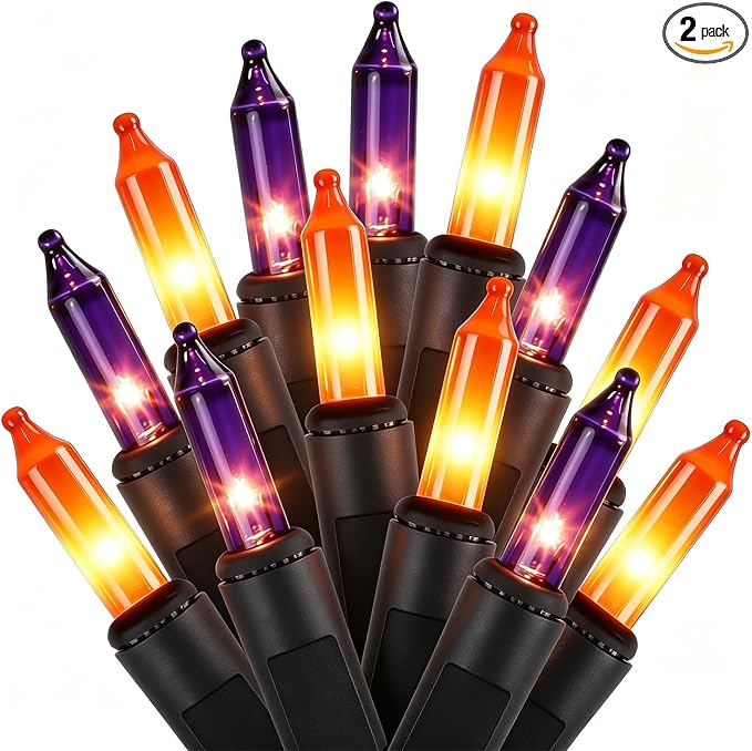 2 Pack Orange&Purple Halloween Lights, 100 Count, Incandescent Mini Halloween String Lights Outdoor, Black Wire Connectable Tree Light for Garland Xmas Thanksgiving Holiday Patio Home Decor