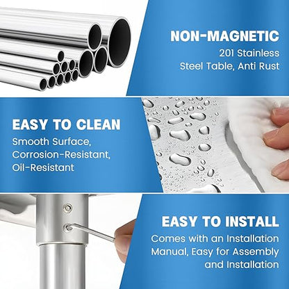 KUARBARR Stainless Steel Table for Prep & Work with Undershelf 24 x 24 Inches NSF Metal Commercial Kitchen Prep Table with Adjustable Under Shelf Worktable for Restaurant Home Outdoor