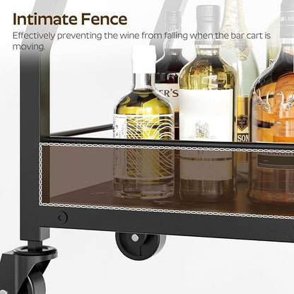 Bar Cart, 3-Tier Home Bar Serving Cart with Wheels, Drink Cart with Glass Holder, Beverage Cart, Rolling Kitchen Cart, for Home, Living Room, Marble Black and Black BC03BM