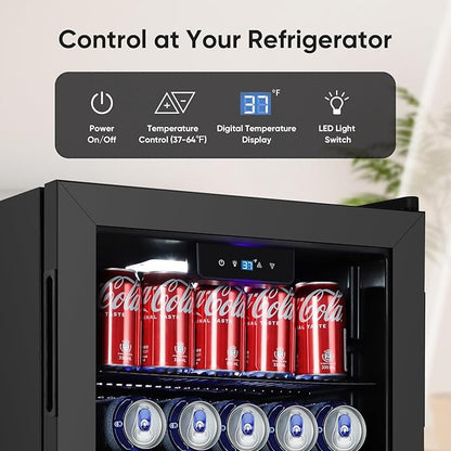 Beverage Refrigerator Cooler, 120 Can Mini Fridge with Digital Temperature Display for Soda Beer, 3 Cu.Ft Drink Fridge with White Indicator Light & Reversible Door - Black