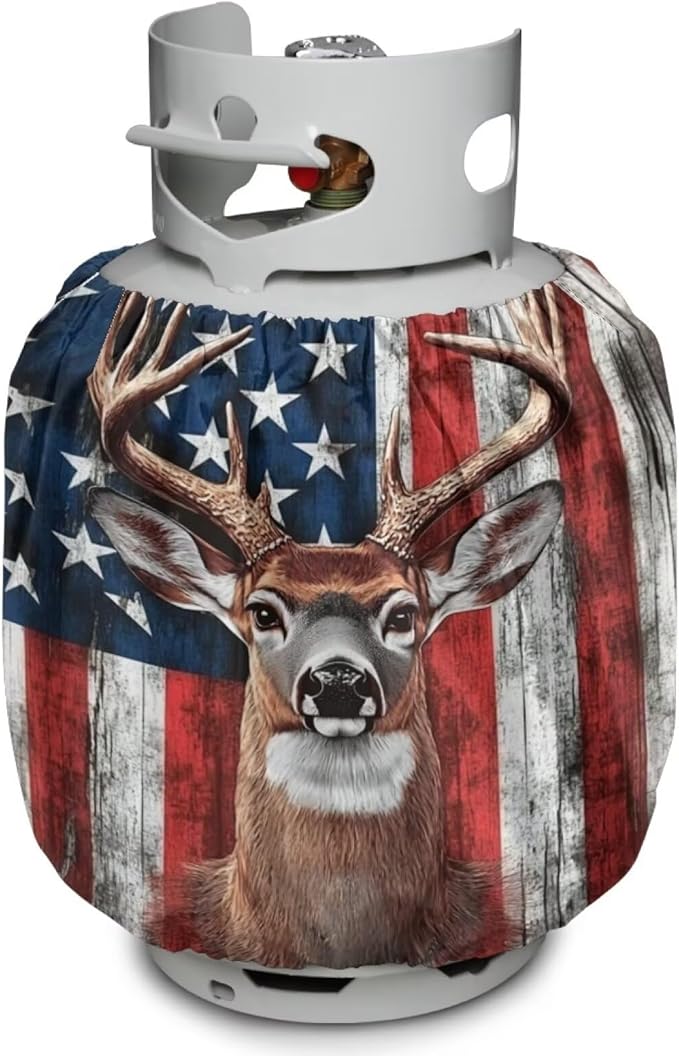 Dual Propane Tank Cover 20lb Gas Tank Cover Outdoor 600D Heavy Duty Waterproof Covers Fits Standard 20 lb Cylinder, 13.7'' x 16.5'' American Flag Deer