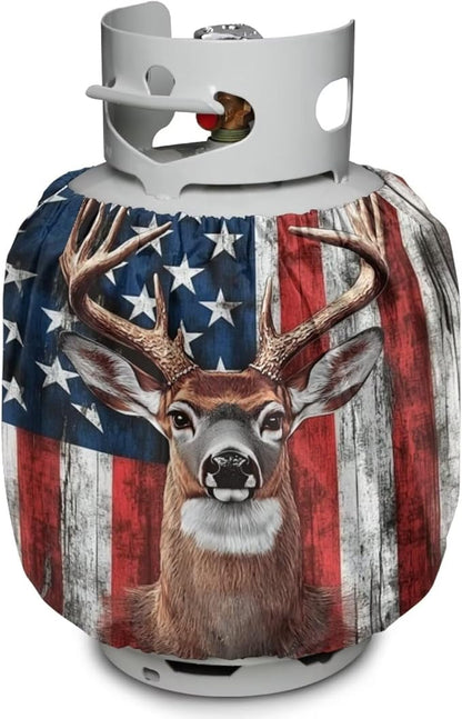 Dual Propane Tank Cover 20lb Gas Tank Cover Outdoor 600D Heavy Duty Waterproof Covers Fits Standard 20 lb Cylinder, 13.7'' x 16.5'' American Flag Deer