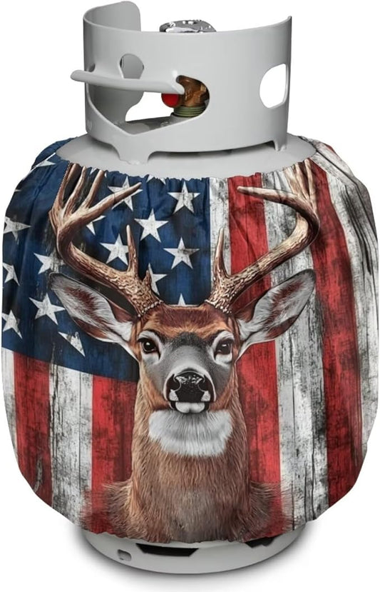 Propane Tank Cover 20lb Gas Tank Cover Outdoor 600D Heavy Duty Waterproof Covers Fits Standard 20 lb Cylinder, 13.7'' x 16.5'' American Flag Deer