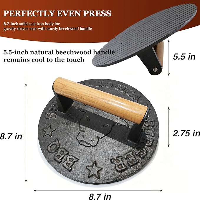 Cast Iron Smash Burger Press - 4.1 lb Heavy Duty Bacon Press & Grill Weight for Smashburgers, Flat Iron Steak & Cooking on Skillet, Burger Smasher Tool, 8.7 Inch Round with Beechwood Handle