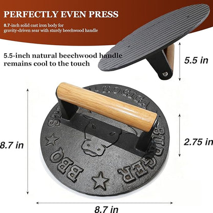 Cast Iron Smash Burger Press - 4.1 lb Heavy Duty Bacon Press & Grill Weight for Smashburgers, Flat Iron Steak & Cooking on Skillet, Burger Smasher Tool, 8.7 Inch Round with Beechwood Handle