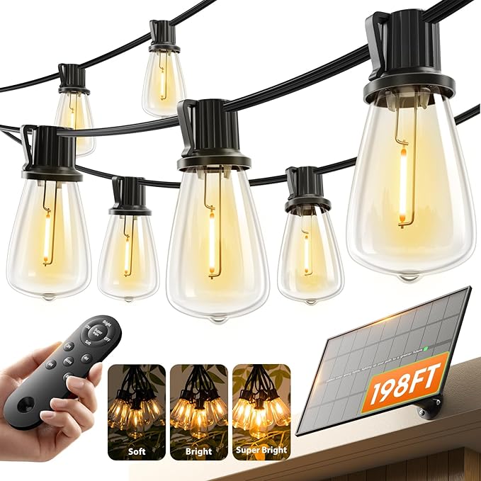 KYY 198FT(192+6) Solar String Lights Outdoor Waterproof with USB & Remote | Dimmable & Timable, Solar Powered Patio Lights with LED Shatterproof Bulbs for Deck Backyard Porch Garden Camping
