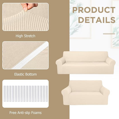 Peryiter 2 Pcs Couch and Loveseat Sofa Covers,Beige,Fleece | Armchair Covers for Living Room, Sofa Cushion Slipcover 2/3 Seater, Furniture Protector, Polyester and Spandex, Washable
