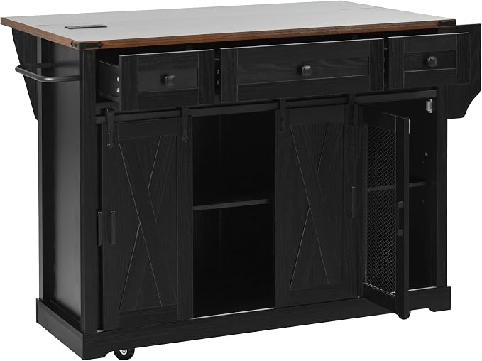 Bellemave 58" Farmhouse Kitchen Island cart with Charging Station and with Storage, Sliding Barn Door & Metal Grid Side Door, Rolling Kitchen Island Table with 5 Wheels with Spice Rack, Black