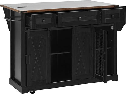 Bellemave 58" Farmhouse Kitchen Island cart with Charging Station and with Storage, Sliding Barn Door & Metal Grid Side Door, Rolling Kitchen Island Table with 5 Wheels with Spice Rack, Black
