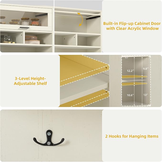 DWVO 67" Farmhouse Baker Rack with Power Outlets & Microwave Stand, White | Buffet Sideboard Cupboard Hutch with Drawer for Kitchen, Living Room, and Dining Room