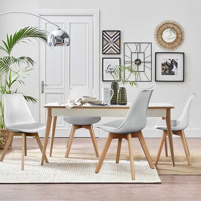 OLIXIS Modern Dining Chairs Set of 8, Plastic Kitchen Chairs with Wood Legs and Backrest, Lightweight Side Chair for Bedroom, Living Room, Apartment, White