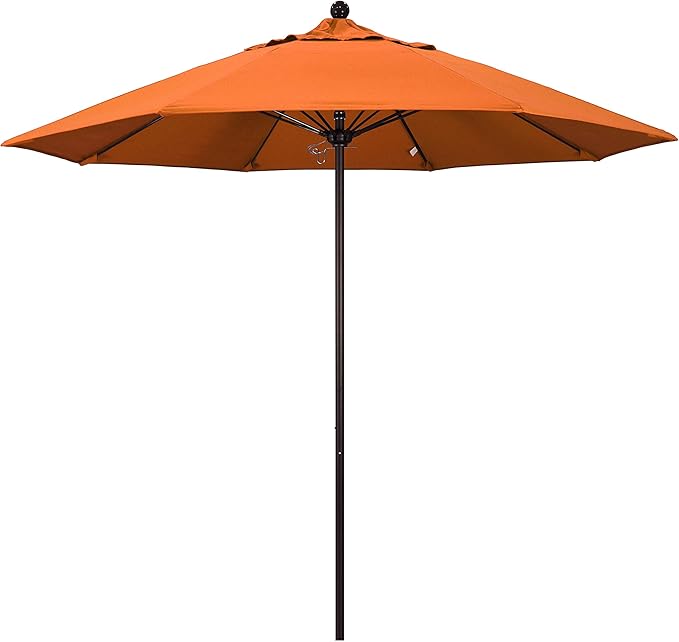 California Umbrella 9' Rd. Venture Series Contract Grade Patio Umbrella, Push Open Pin Stop, Bronze Finish, Sunbrella Tangerine