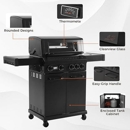 4 Burner Propane Gas Grill with 1 Side Burner, 50,000 BTU Outdoor BBQ Grill, Heavy-Duty Steel Construction, Cast Iron Cooking Grates & Griddle, Backyard Patio Barbecue