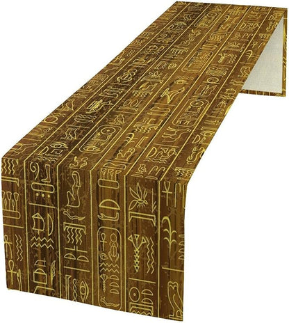 Vintage Egyptian Table Runner Golden Egypt Hieroglyphics Old Logographic Details Alphabetic Element Dinner Runner for Farmhouse Coffee Kitchen Dining Holiday Party Home Decoration 13x36in