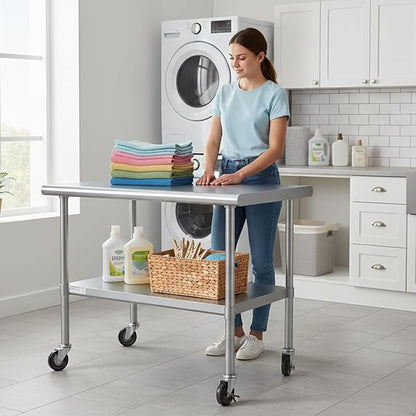 STABLEINK Stainless Steel Table with Wheels 36x30 Inches 3ft for Prep | NSF Certified Metal Work Table Workbench with Casters for Commercial Kitchen Restaurant Hotel Laundry Garage Chef Homemaker