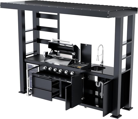 110-Inch 4-Burner 72000 BTU Stainless Steel Natural Gas Grill Outdoor Kitchen Island with Canopy,485Sq.In Cooking Area,Wine Cooler,Refrigerator,Rotisserie,For Backyard BBQ,Black