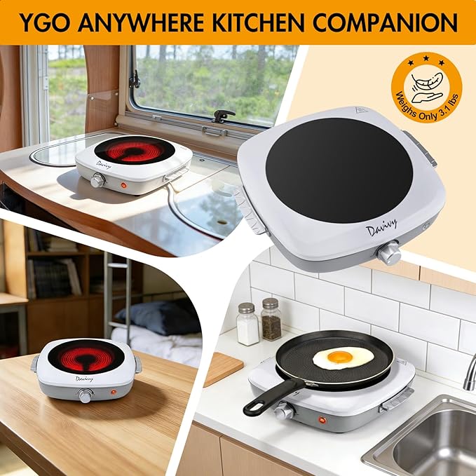 Davivy Single Burner Hot Plate with Sturdy Handle, 7.9 inch Ceramic Glass Cooktop, 1200W Infrared Cooker, Compatible Of All Cookware, White