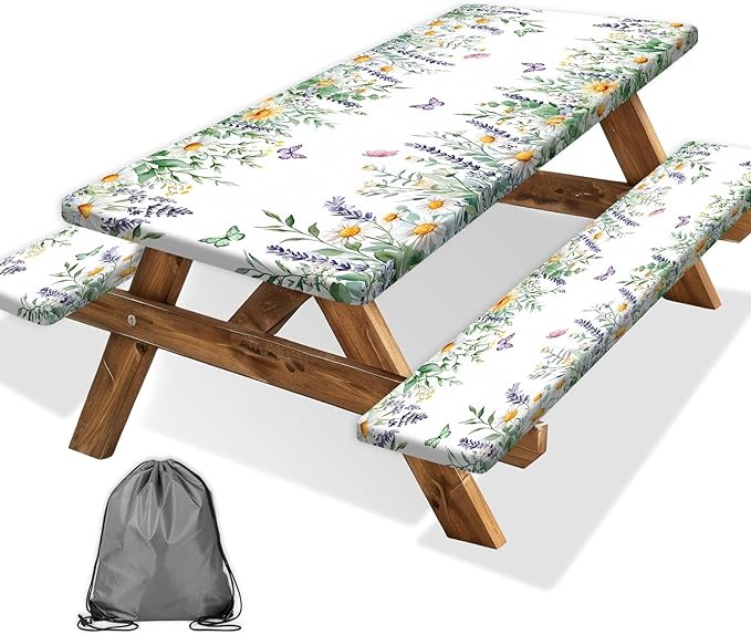 Floral Picnic Table Cover with Bench Covers, Camping Essentials, Leaves Flower Butterfly Waterproof Windproof, Fitted Tablecloth Cover with Elastic Edge, for Indoor, Outdoor, 3 PCS, 30x72 Inch