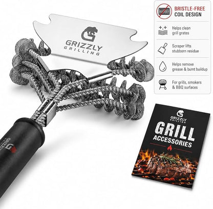 Bristle Free Grill Brush with Scraper, 10-Inch | Coiled Stainless Steel BBQ Grill Cleaner with Built-In Scraper for Gas, Charcoal and Outdoor Grills