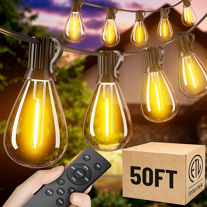 50FT Outdoor String Lights with Remote, Waterproof Patio Lights with 18+1 Shatterproof LED Bulbs,Dimmable Hanging Decor for Backyard Garden Porch Bistro, Timer & 3 Modes,2700K Warm White