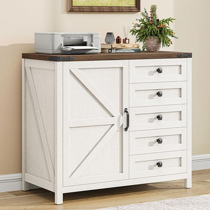 Vabches 5 Drawer Storage Cabinet, Office Storage Cabinet with Door and Adjustable Shelf, Large Farmhouse Printer Stand for Home Office, Rustic White