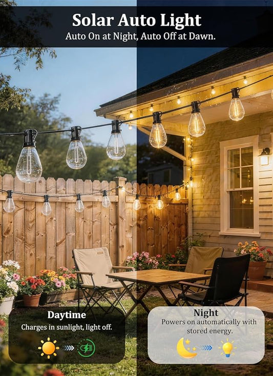 100FT Solar String Lights Outdoor Waterproof, 35LED S11 E12 Bulbs, Remote Control, Dimmable Timer, 3 Modes, Solar Powered Outdoor Patio Lights for Backyard Deck Garden Hanging Use