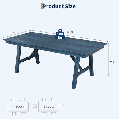 Garvee Outdoor Patio Dining Table for 4-6, 66.9" Long HDPE Garden Dining Table with Umbrella Hole, Aluminum Frame, Triangular Legs, Waterproof, All-Weather for Backyard, Poolside, Navy Blue