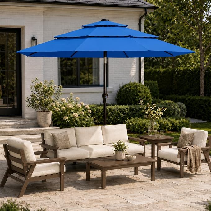 10ft Patio Umbrella, 3-Tier Vented Outdoor Table Umbrella with 8 Sturdy Fiberglass Ribs, Windproof Market Umbrella with Push Button Tilt and Crank, UV Protection for Deck, Pool, Royal Blue