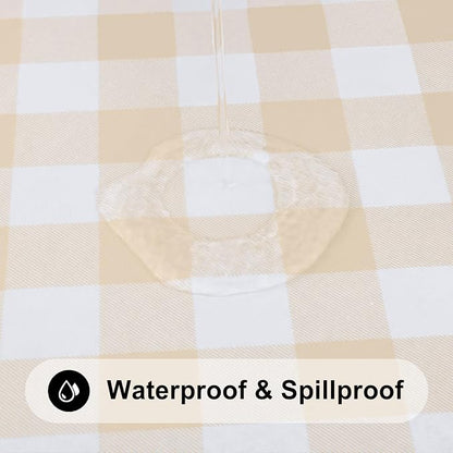 Smiry Rectangle Picnic Table Cloth, Elastic Waterproof Fitted Vinyl Tablecloths, Flannel Backed Buffalo Plaid Table Covers for Dining, Camping, Outdoor (White and Beige, 30" x 48")